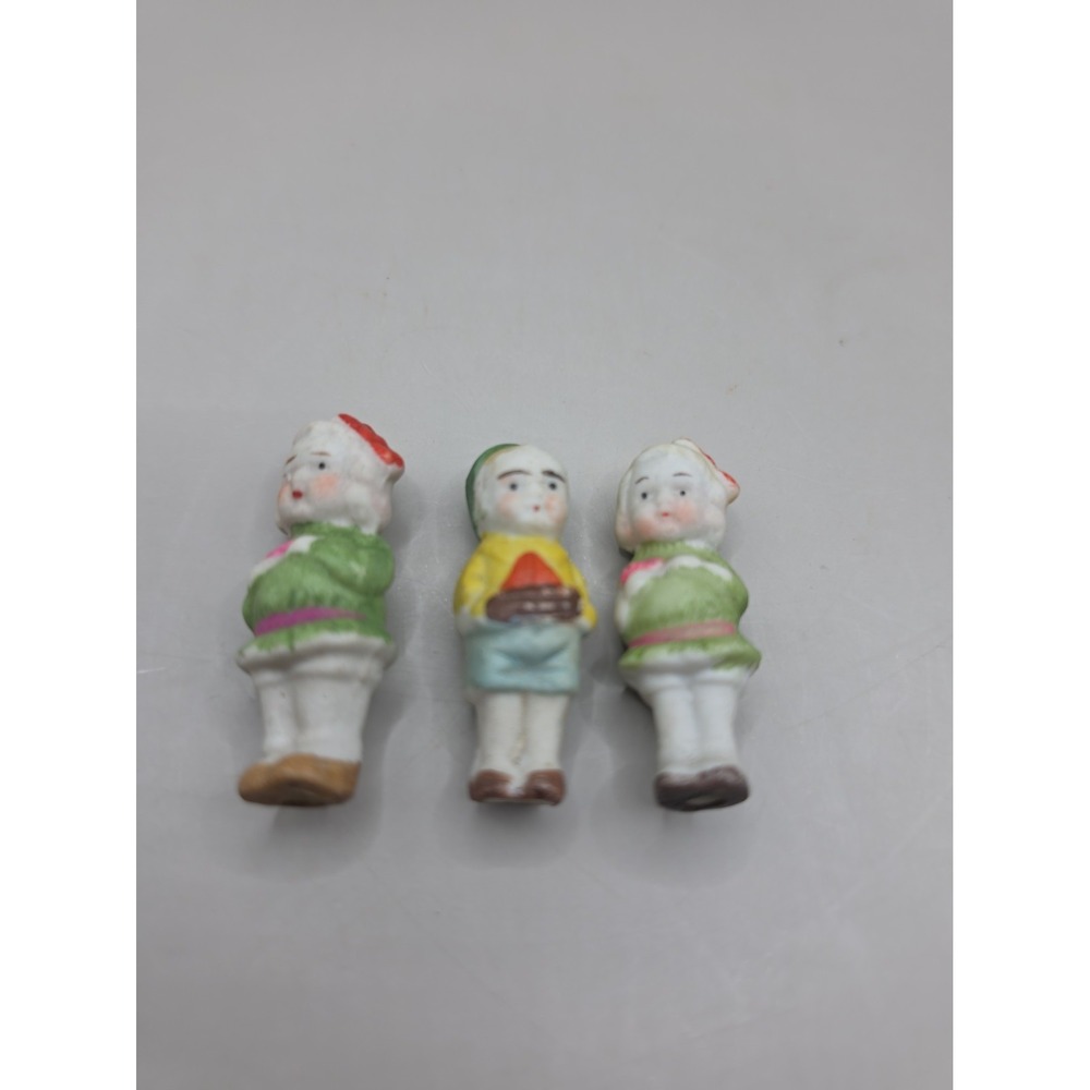 VTG Bisque "Frozen Charlotte Penny " Dolls 2" Boy & Girl Sailboat Flowers